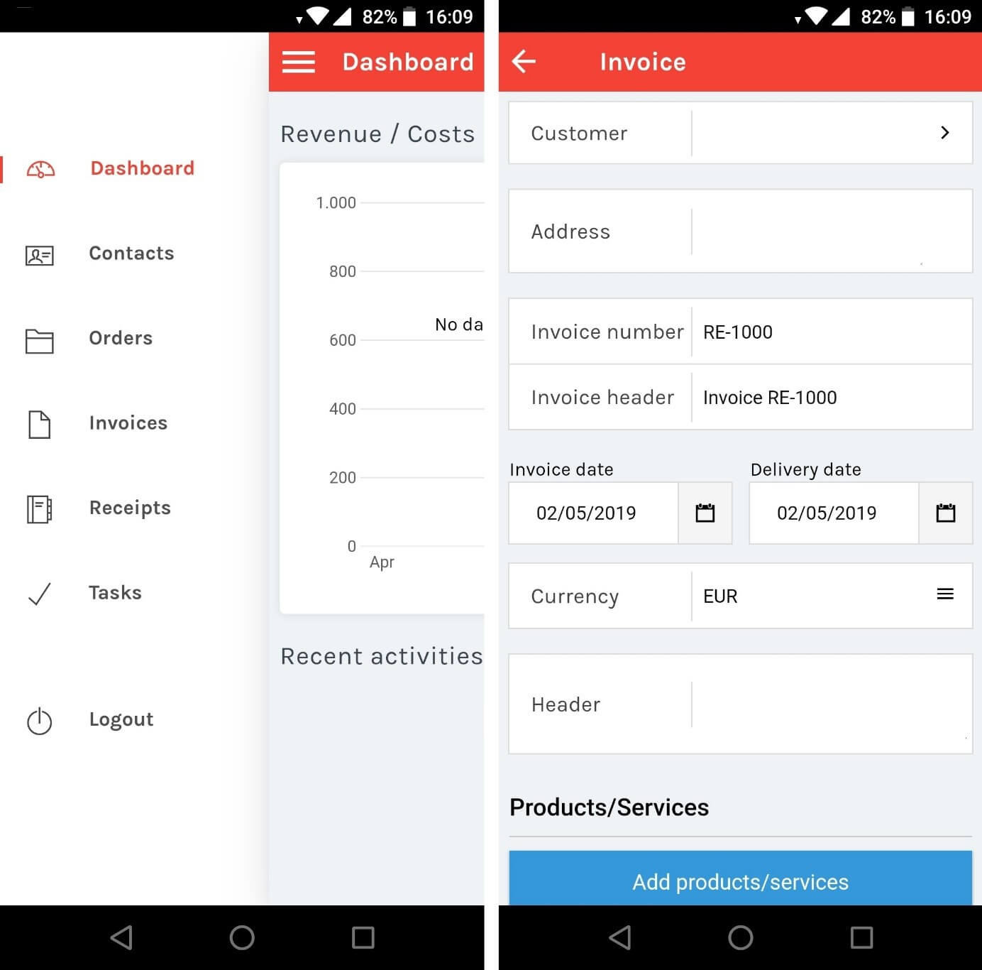 Tableau de bord et exemple de facture dans l’application sevDesk pour Android