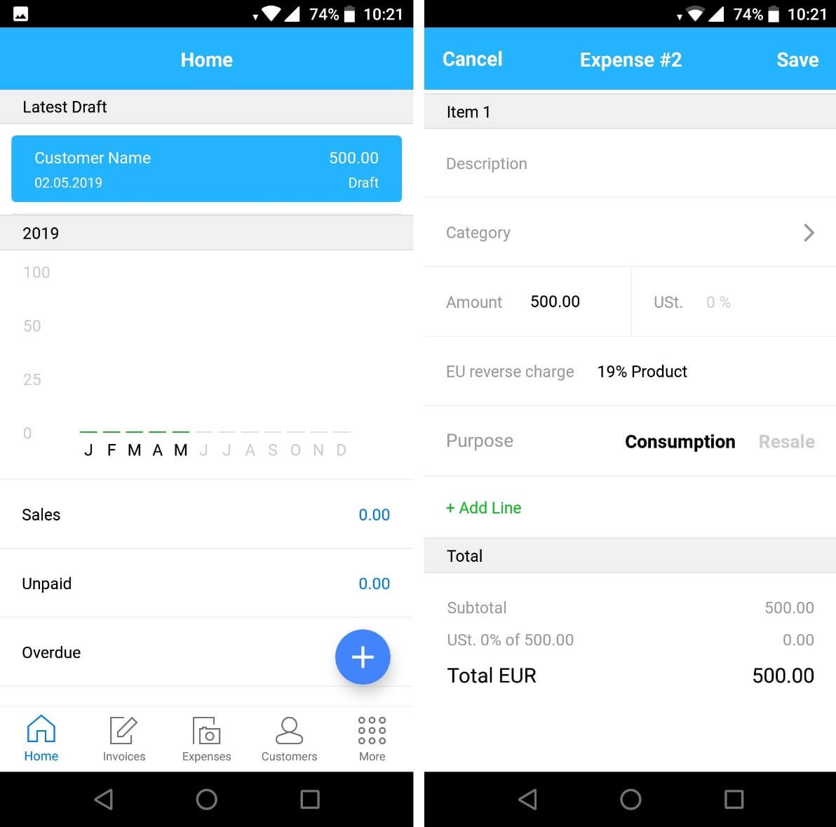 Tableau de bord et exemple de facture dans l’app Android Debitoor