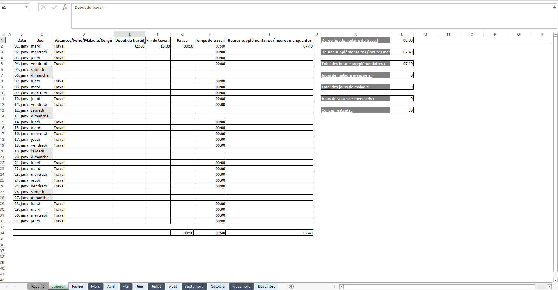 Aperçu du modèle Excel de la feuille de temps IONOS