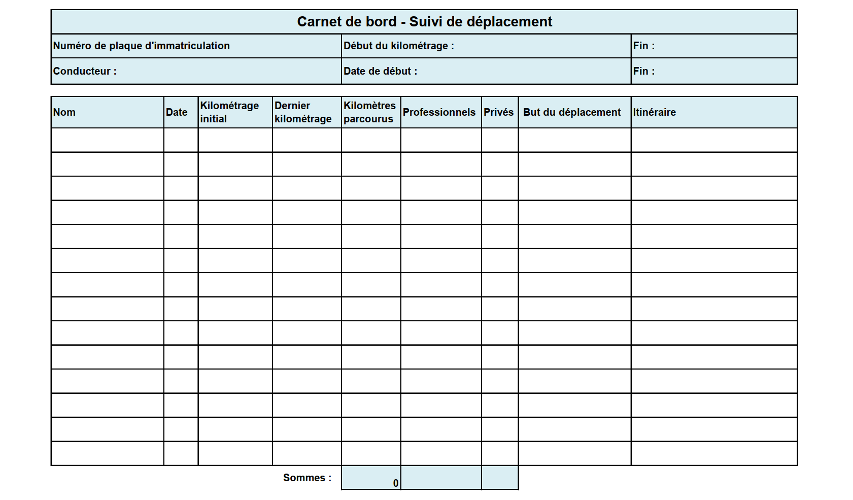 Carnet de bord - suivi des déplacements : modèle à télécharger