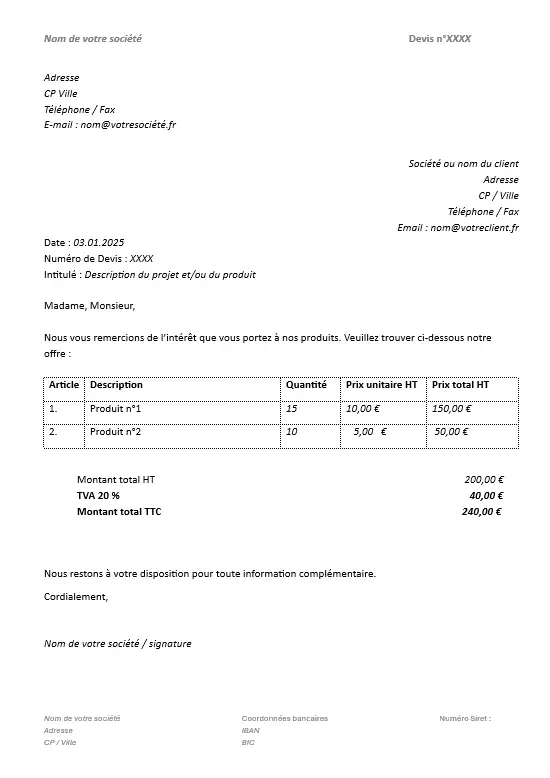 Exemple de modèle de devis Image: Exemple de modèle de devis
