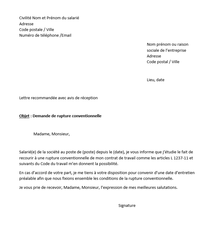 ecrire une lettre de rupture conventionnelle