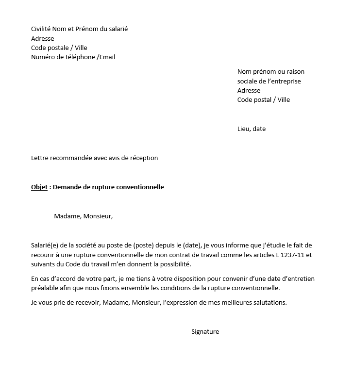 Lettre Type De Demande De Rupture Conventionnelle